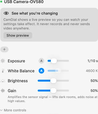 CamDial showing a cheap USB camera: Exposure, White Balance, Brightness and Gain, with no focus or zoom rows because that camera does not support them.