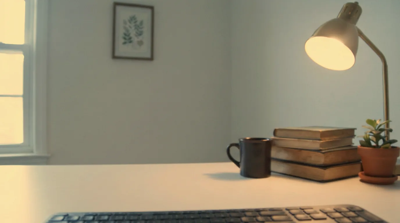 The same desk, warm and with proper contrast — the picture once the Daylight desk preset is back on.