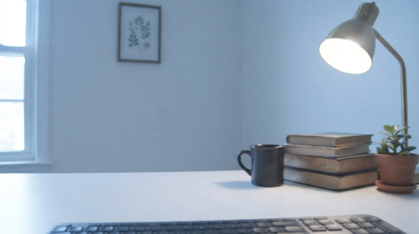 A desk with a lamp, plant and books as seen by a webcam.